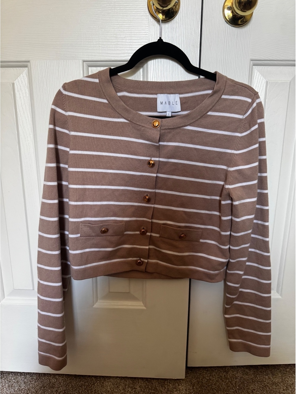 MABLE Women’s Large Striped Cropped Cardigan Sweater Taupe White Gold Buttons